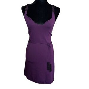 M.S.S.P. Sleeveless Purple Casual Beaded Details Belted Midi Dress Size S